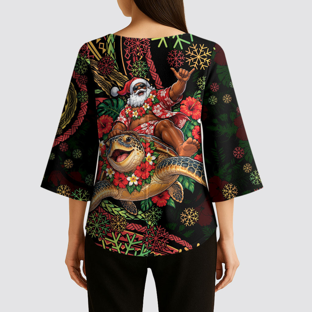 Hawaii Christmas Kimono Sleeve Blouse Aloha Santa Riding Honu DT05 - Polynesian Pride