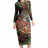 Hawaii Christmas Long Sleeve Bodycon Dress Aloha Santa Riding Honu DT05 Long Dress Black - Polynesian Pride
