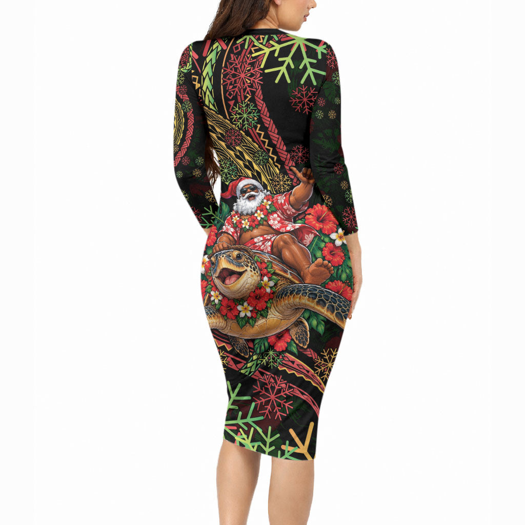 Hawaii Christmas Long Sleeve Bodycon Dress Aloha Santa Riding Honu DT05 - Polynesian Pride