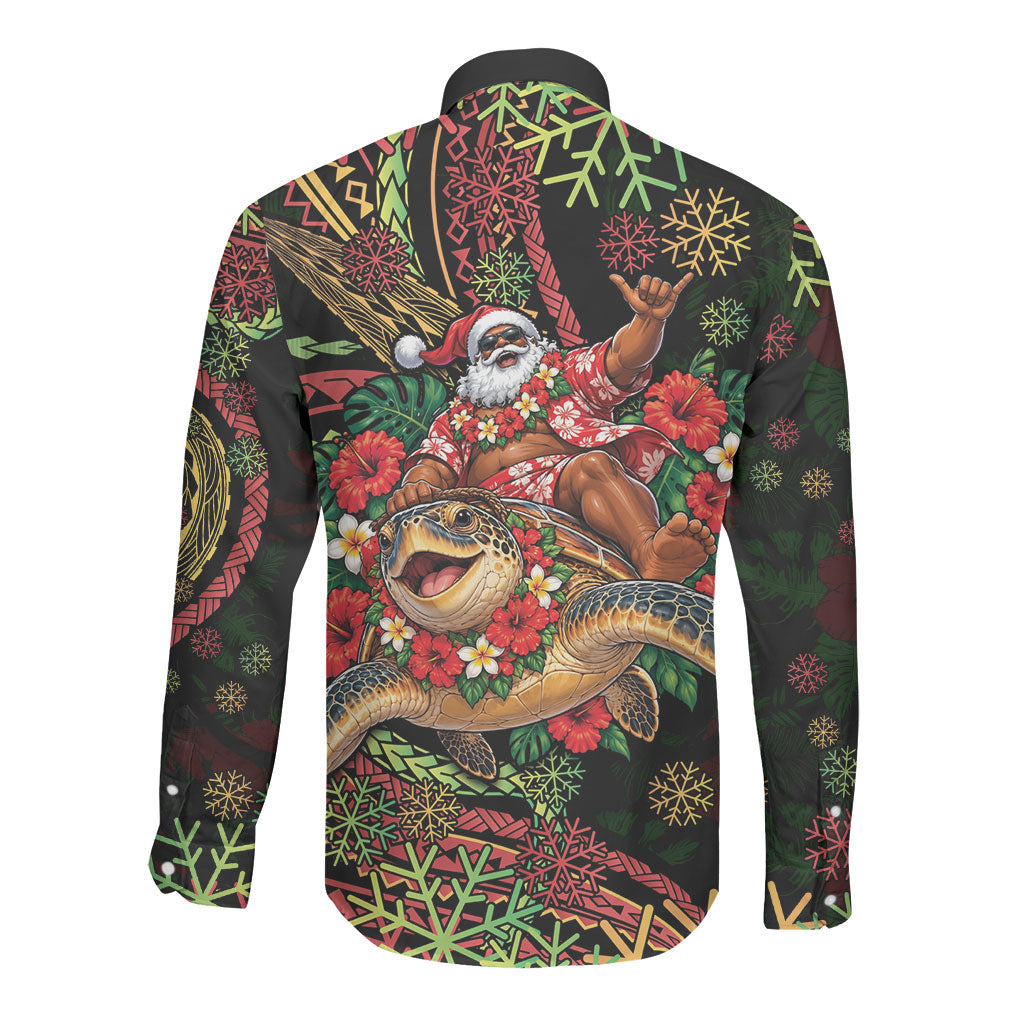 Hawaii Christmas Long Sleeve Button Shirt Aloha Santa Riding Honu DT05 - Polynesian Pride