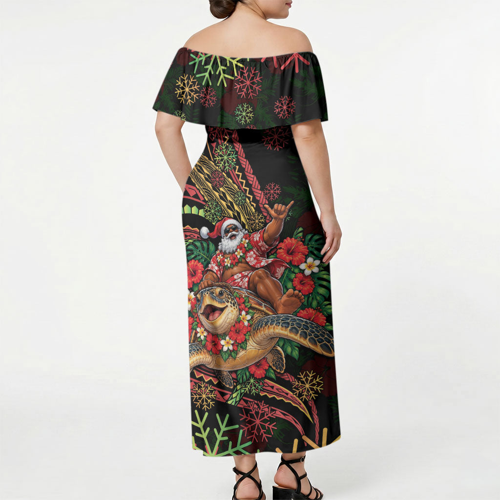 Hawaii Christmas Off Shoulder Maxi Dress Aloha Santa Riding Honu DT05 - Polynesian Pride