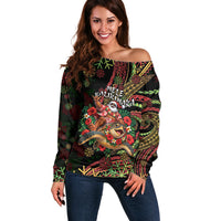 Hawaii Christmas Off Shoulder Sweater Aloha Santa Riding Honu DT05 Women Black - Polynesian Pride