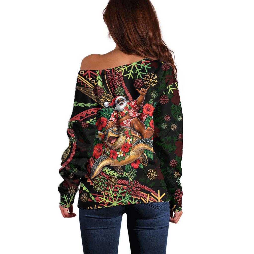 Hawaii Christmas Off Shoulder Sweater Aloha Santa Riding Honu DT05 - Polynesian Pride