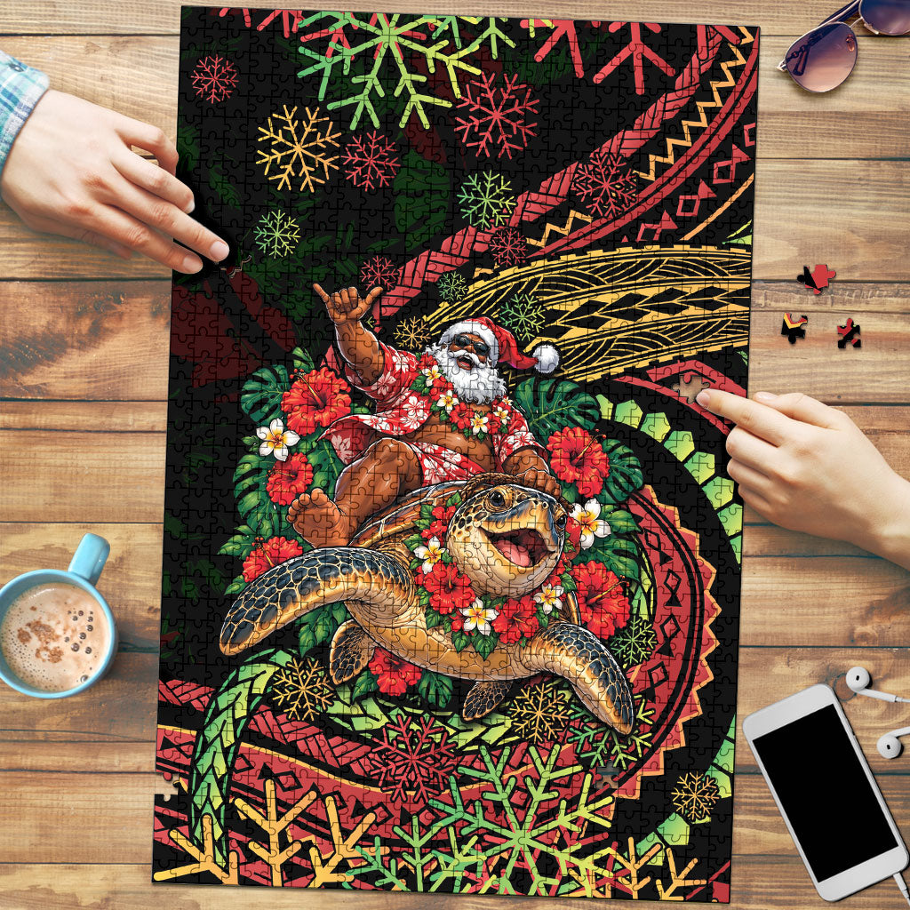 Hawaii Christmas Puzzle Aloha Santa Riding Honu DT05 Black - Polynesian Pride