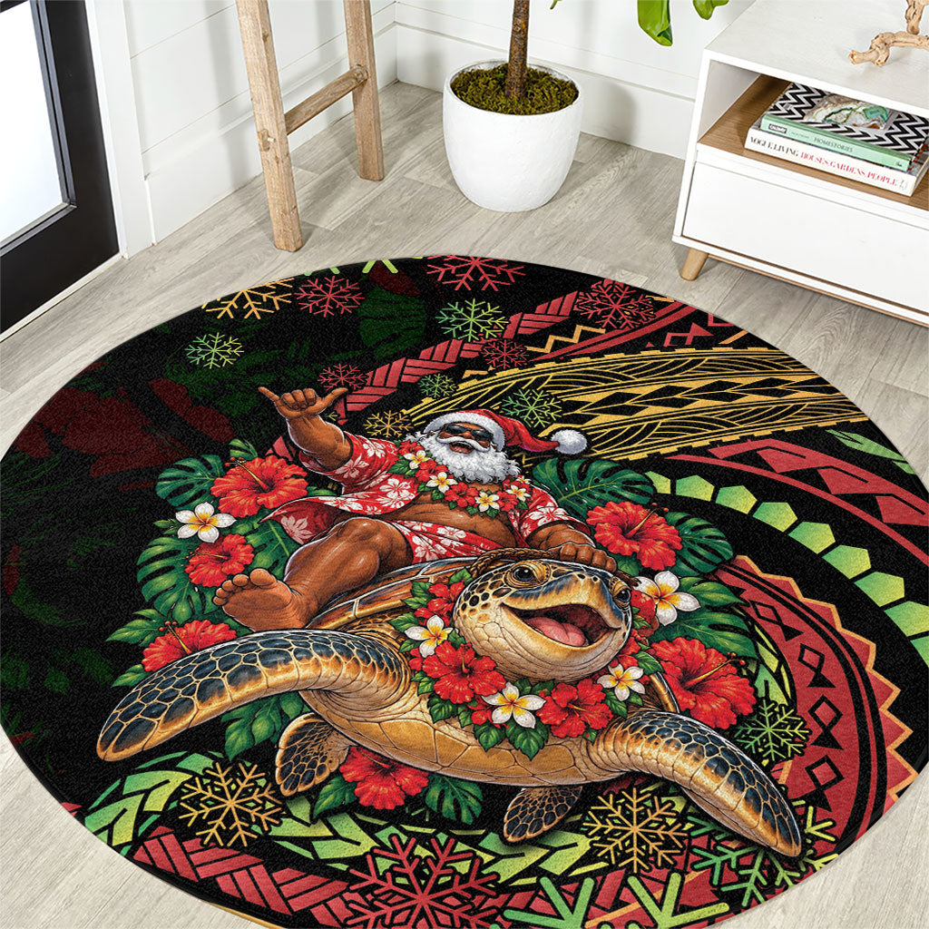 Hawaii Christmas Round Carpet Aloha Santa Riding Honu DT05 Black - Polynesian Pride