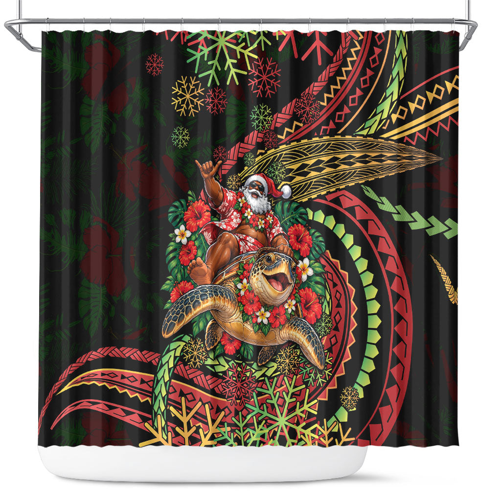 Hawaii Christmas Shower Curtain Aloha Santa Riding Honu DT05 Black - Polynesian Pride