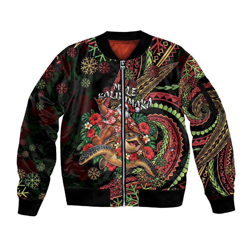 Hawaii Christmas Sleeve Zip Bomber Jacket Aloha Santa Riding Honu DT05 Unisex Black - Polynesian Pride
