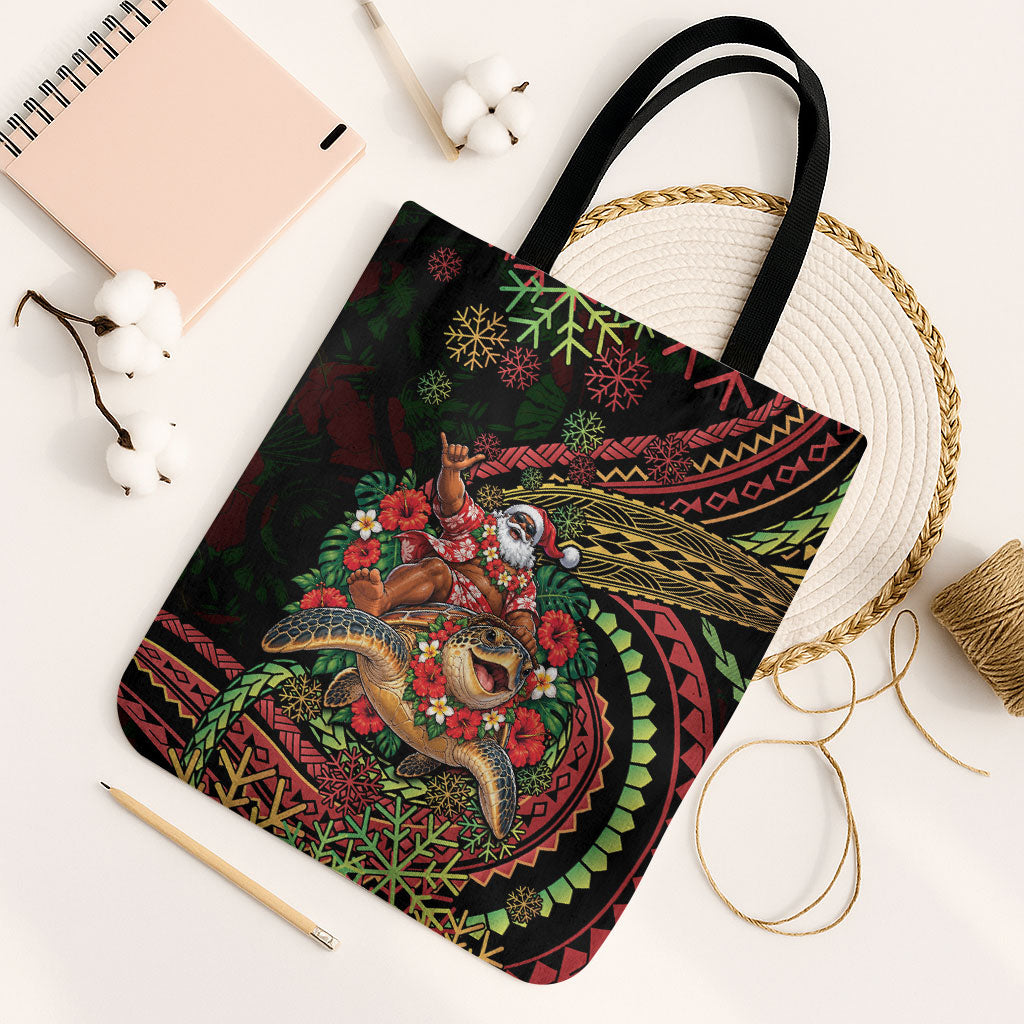 Hawaii Christmas Tote Bag Aloha Santa Riding Honu DT05 Black Strap One Size Black - Polynesian Pride