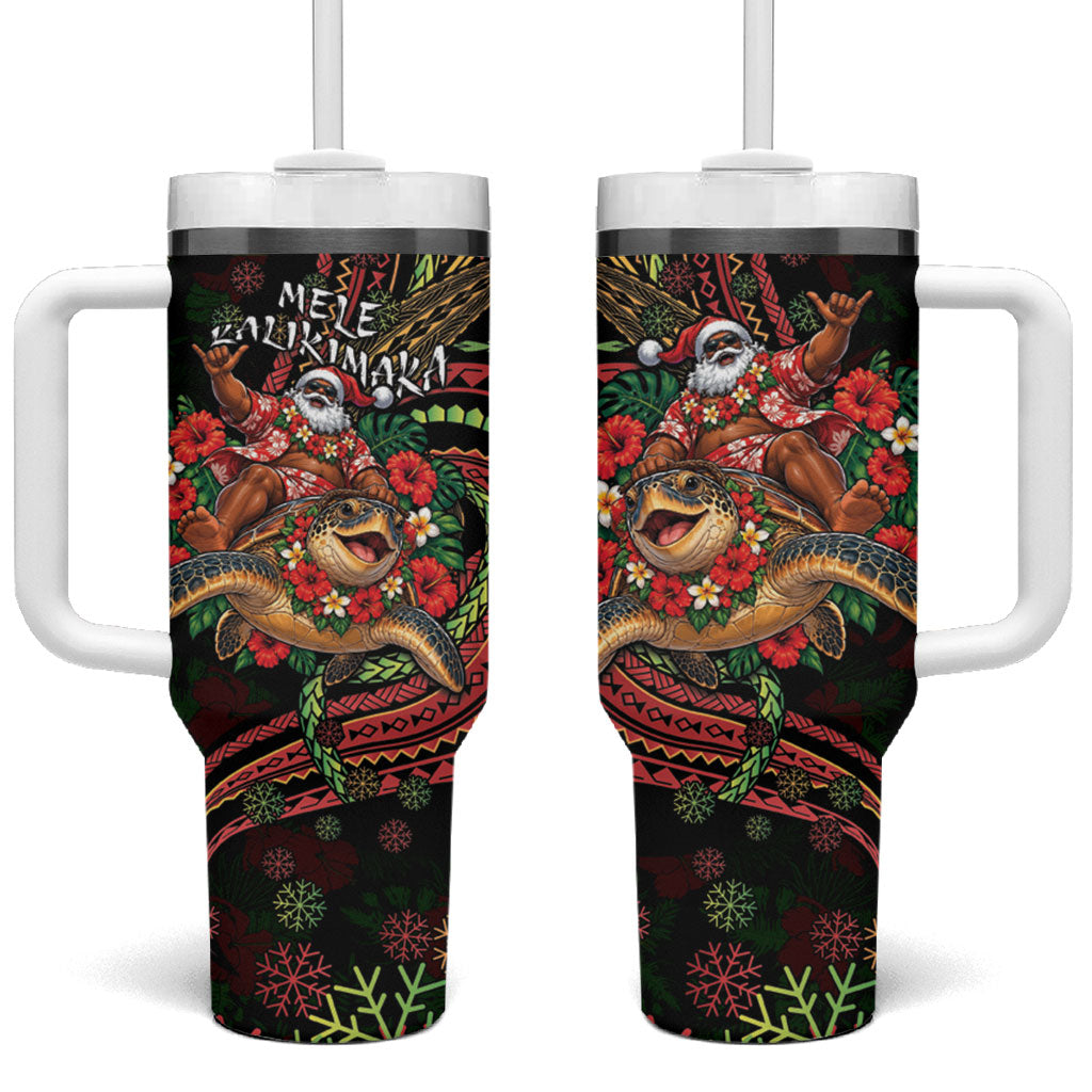 Hawaii Christmas Tumbler With Handle Aloha Santa Riding Honu DT05 One Size: 40 oz Black - Polynesian Pride