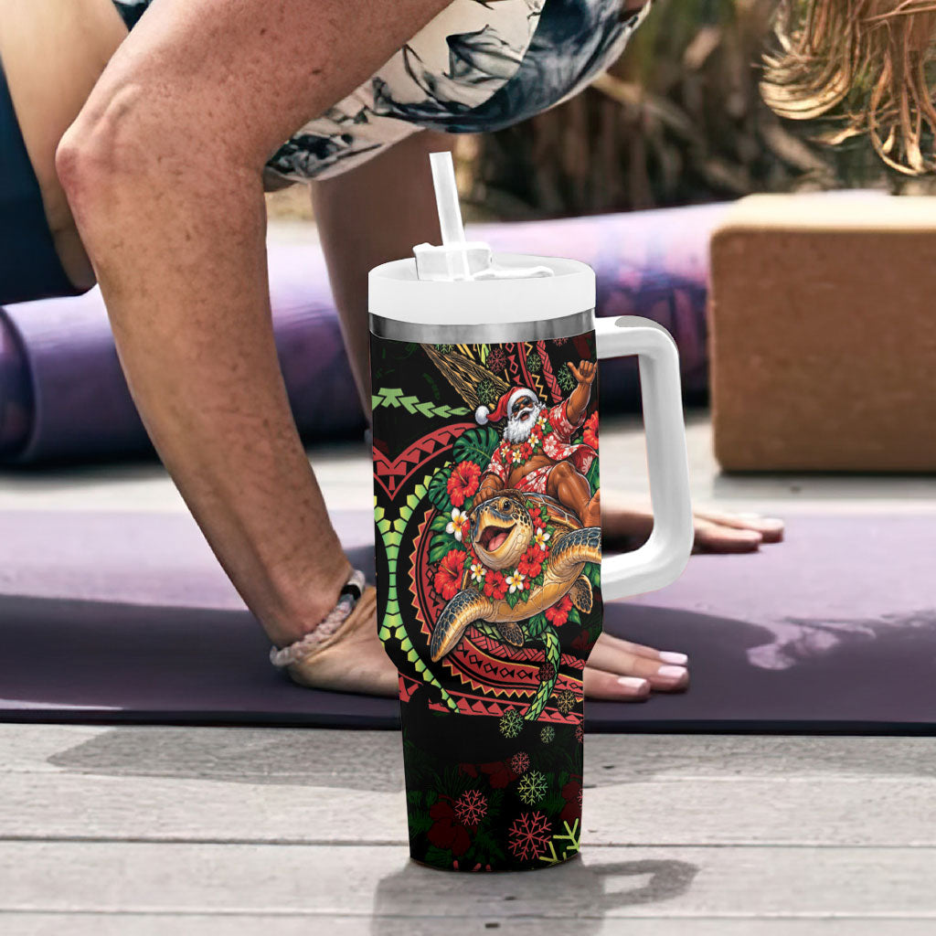 Hawaii Christmas Tumbler With Handle Aloha Santa Riding Honu DT05 - Polynesian Pride