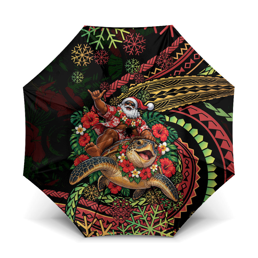 Hawaii Christmas Umbrella Aloha Santa Riding Honu DT05 One Size Folded 11.42 inch Opened Diameter 37.4 inch Black - Polynesian Pride