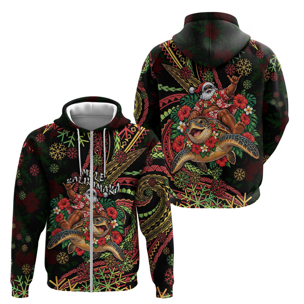 Hawaii Christmas Zip Hoodie Aloha Santa Riding Honu DT05 - Polynesian Pride
