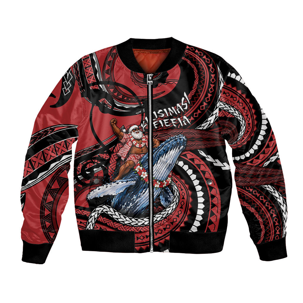 Tonga Christmas Bomber Jacket Santa Riding Humpback Whale DT05 Unisex Red - Polynesian Pride
