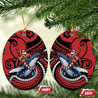 Tonga Christmas Ceramic Ornament Santa Riding Humpback Whale DT05 Oval Red - Polynesian Pride