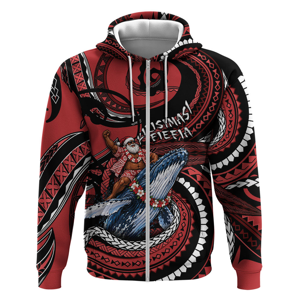 Tonga Christmas Hoodie Santa Riding Humpback Whale DT05 Zip Hoodie Red - Polynesian Pride