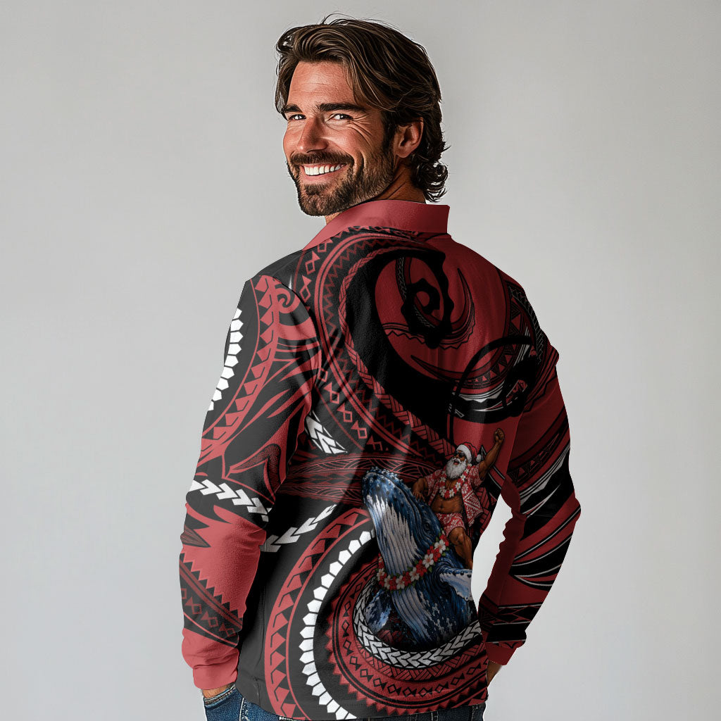 Tonga Christmas Long Sleeve Polo Shirt Santa Riding Humpback Whale DT05 - Polynesian Pride