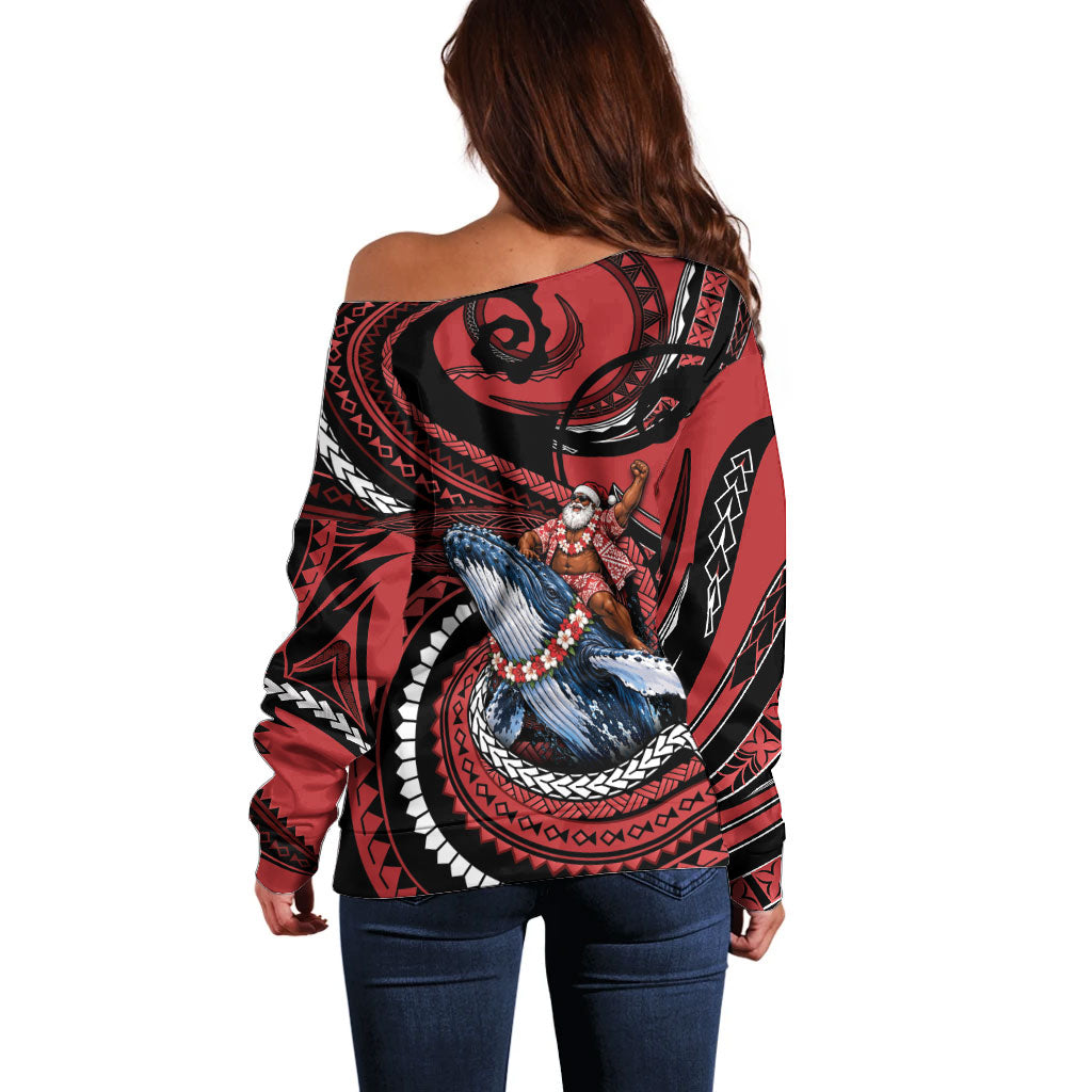 Tonga Christmas Off Shoulder Sweater Santa Riding Humpback Whale DT05 - Polynesian Pride