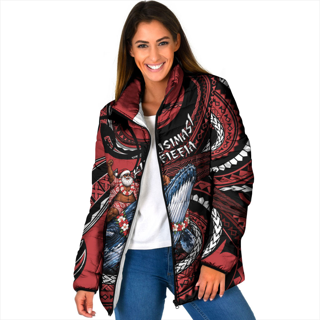 Tonga Christmas Padded Jacket Santa Riding Humpback Whale DT05 Women Red - Polynesian Pride
