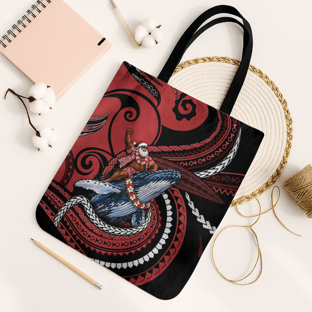 Tonga Christmas Tote Bag Santa Riding Humpback Whale DT05 Black Strap One Size Red - Polynesian Pride