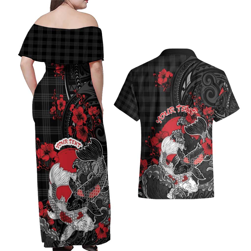 Personalised Hawaiian And Japanese Couples Matching Off Shoulder Maxi Dress and Hawaiian Shirt Aloha Koi Fish Palaka Patterns DT05 - Polynesian Pride