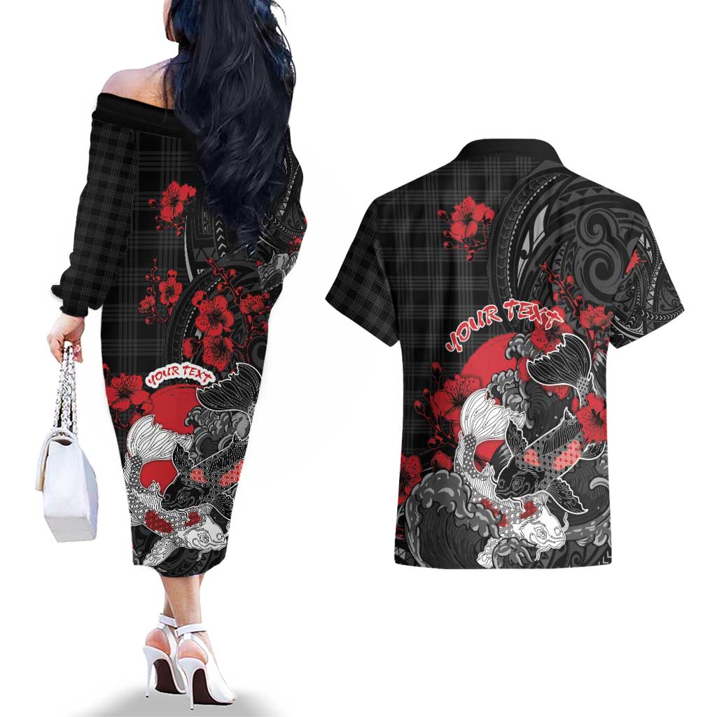 Personalised Hawaiian And Japanese Couples Matching Off The Shoulder Long Sleeve Dress and Hawaiian Shirt Aloha Koi Fish Palaka Patterns - Polynesian Pride