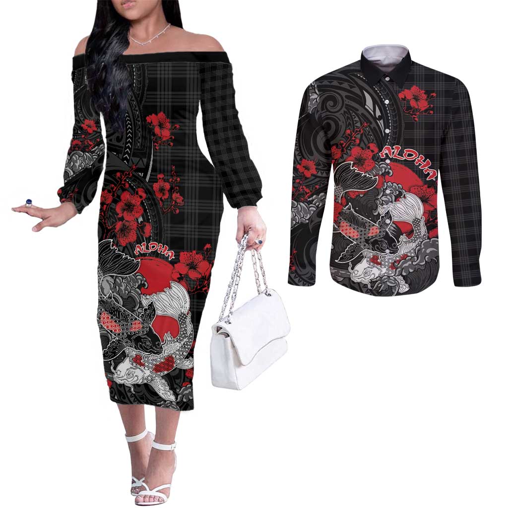 Personalised Hawaiian And Japanese Couples Matching Off The Shoulder Long Sleeve Dress and Long Sleeve Button Shirt Aloha Koi Fish Palaka Patterns - Polynesian Pride