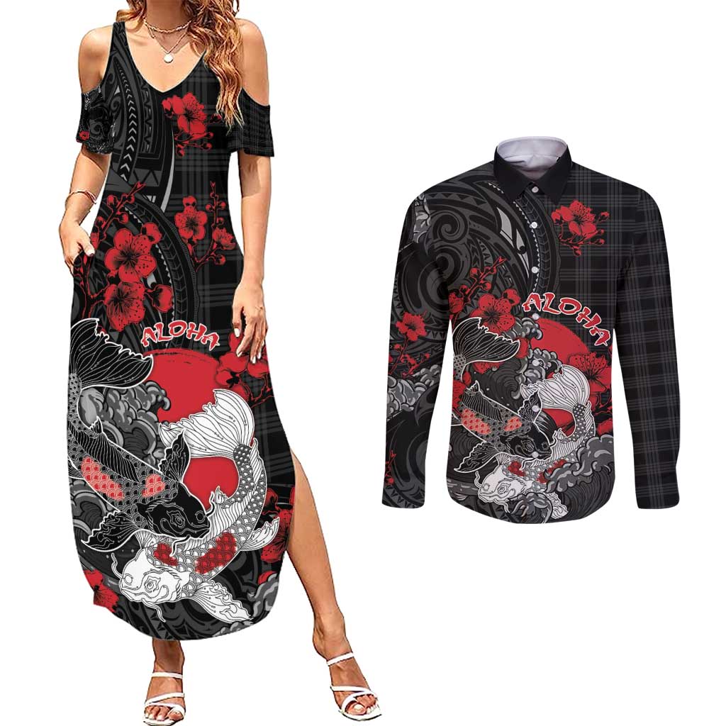 Personalised Hawaiian And Japanese Couples Matching Summer Maxi Dress and Long Sleeve Button Shirt Aloha Koi Fish Palaka Patterns - Polynesian Pride