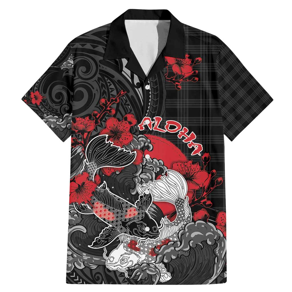 Personalised Hawaiian And Japanese Family Matching Mermaid Dress and Hawaiian Shirt Aloha Koi Fish Palaka Patterns DT05 Dad's Shirt - Short Sleeve Black - Polynesian Pride