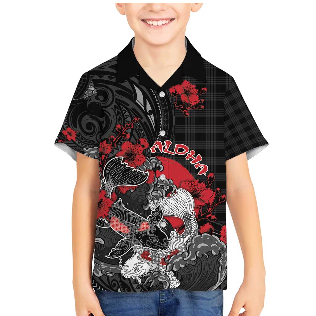 Personalised Hawaiian And Japanese Family Matching Mermaid Dress and Hawaiian Shirt Aloha Koi Fish Palaka Patterns DT05 Son's Shirt Black - Polynesian Pride