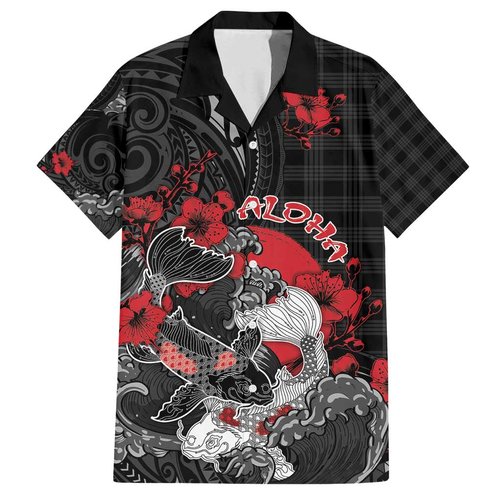 Personalised Hawaiian And Japanese Family Matching Off Shoulder Maxi Dress and Hawaiian Shirt Aloha Koi Fish Palaka Patterns DT05 Dad's Shirt - Short Sleeve Black - Polynesian Pride