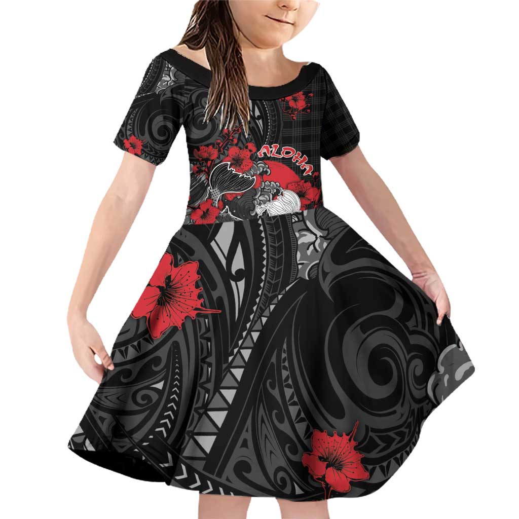Personalised Hawaiian And Japanese Family Matching Off Shoulder Short Dress and Hawaiian Shirt Aloha Koi Fish Palaka Patterns DT05 Daughter's Dress Black - Polynesian Pride