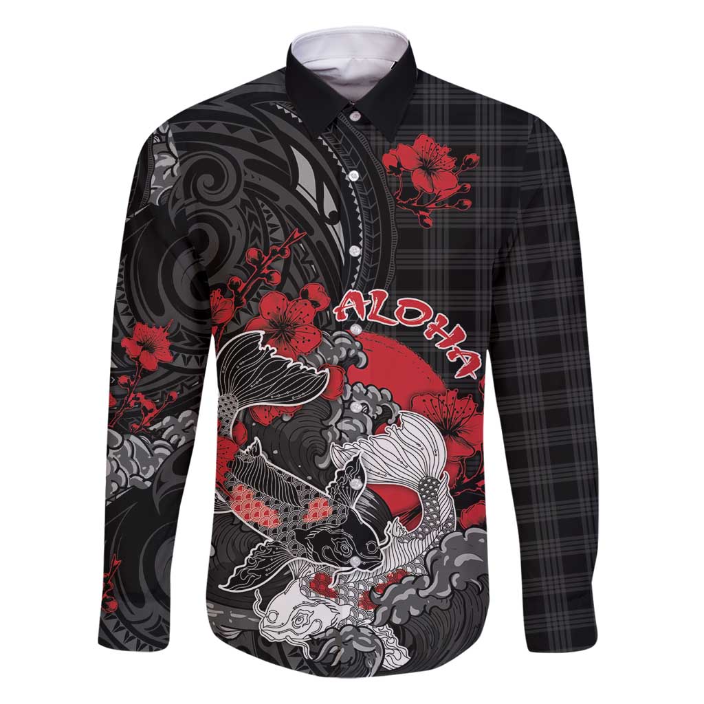 Personalised Hawaiian And Japanese Family Matching Off Shoulder Short Dress and Hawaiian Shirt Aloha Koi Fish Palaka Patterns DT05 Dad's Shirt - Long Sleeve Black - Polynesian Pride