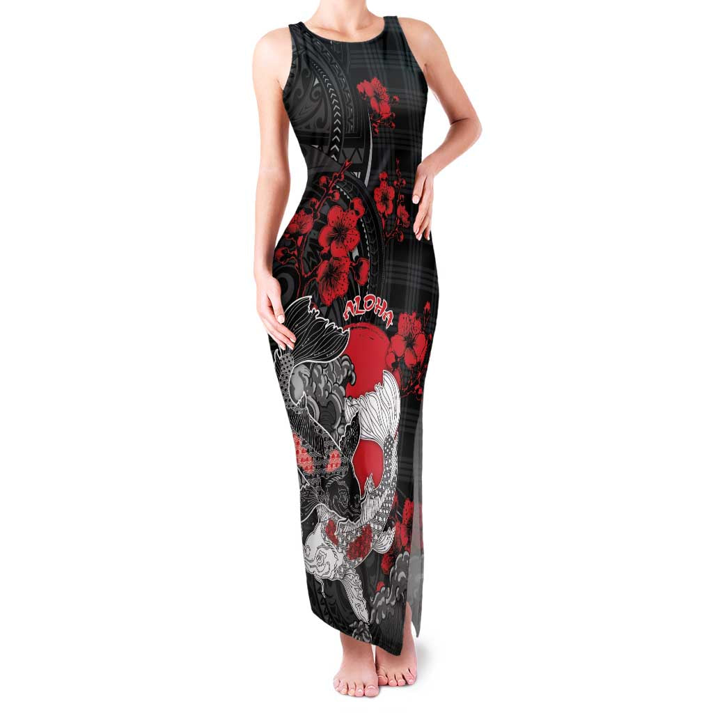 Personalised Hawaiian And Japanese Family Matching Tank Maxi Dress and Hawaiian Shirt Aloha Koi Fish Palaka Patterns DT05 Mom's Dress Black - Polynesian Pride