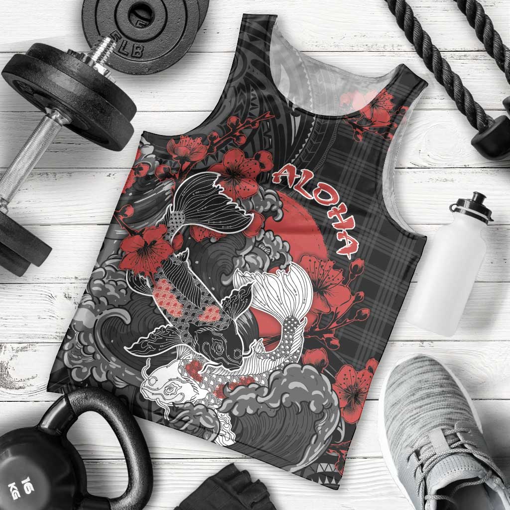 Personalised Hawaiian And Japanese Men Tank Top Aloha Koi Fish Palaka Patterns - Polynesian Pride