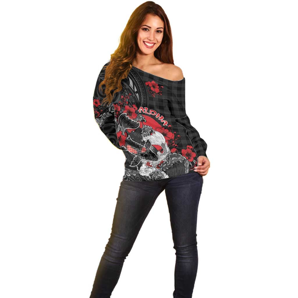 Personalised Hawaiian And Japanese Off Shoulder Sweater Aloha Koi Fish Palaka Patterns - Polynesian Pride