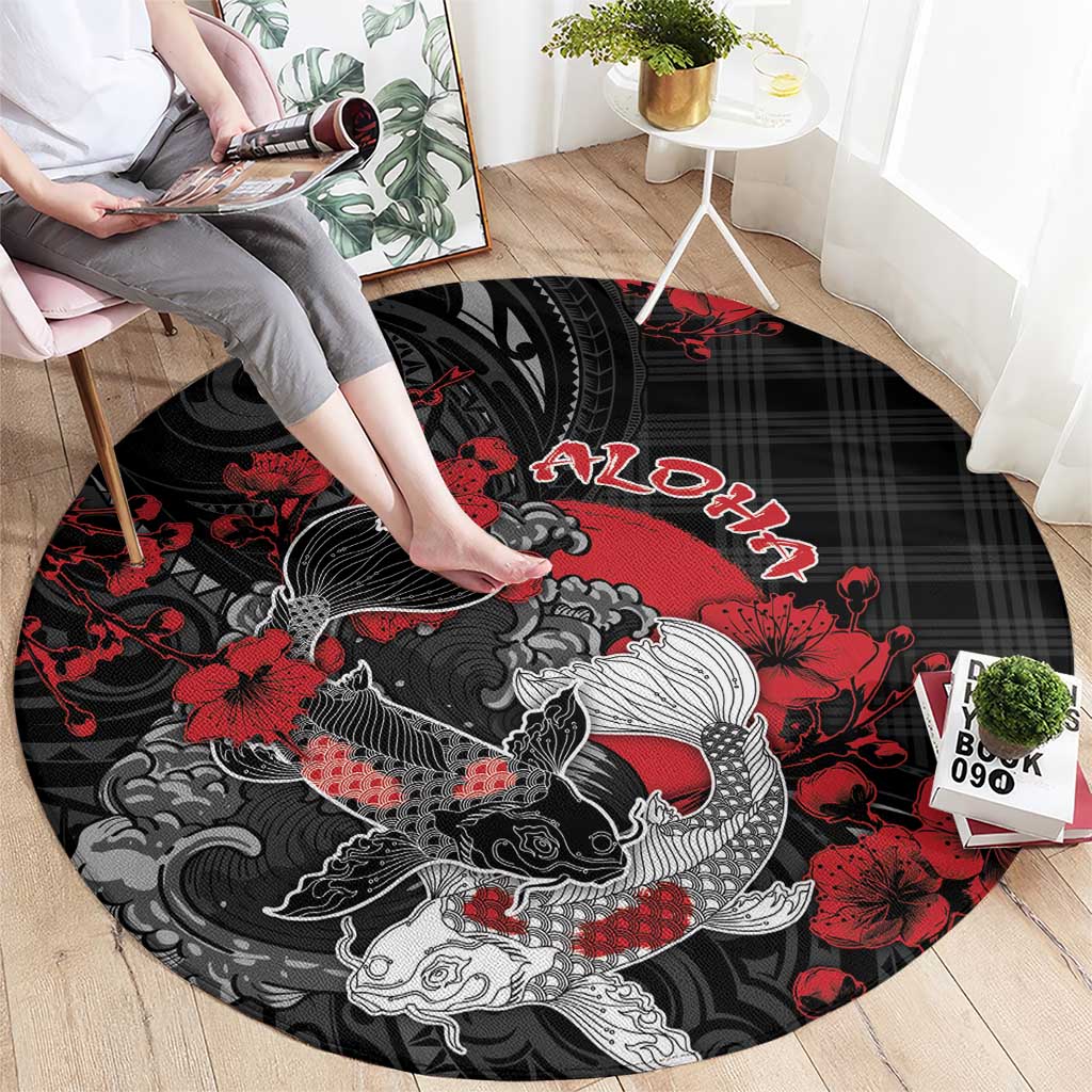 Hawaiian And Japanese Round Carpet Aloha Koi Fish Palaka Patterns - Polynesian Pride