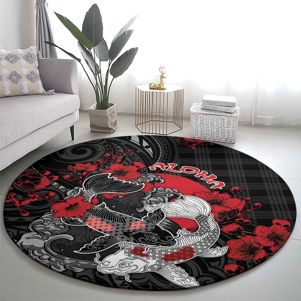 Hawaiian And Japanese Round Carpet Aloha Koi Fish Palaka Patterns - Polynesian Pride