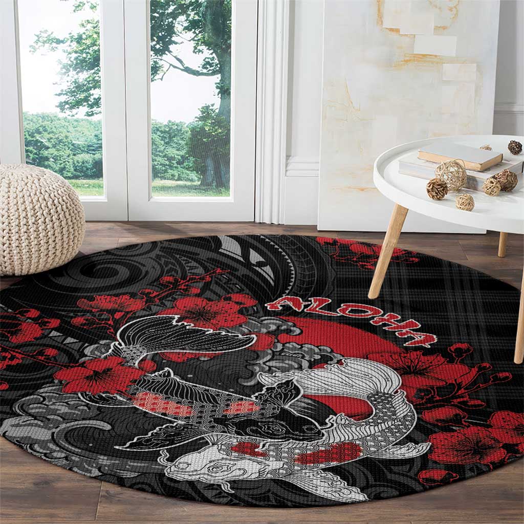 Hawaiian And Japanese Round Carpet Aloha Koi Fish Palaka Patterns - Polynesian Pride