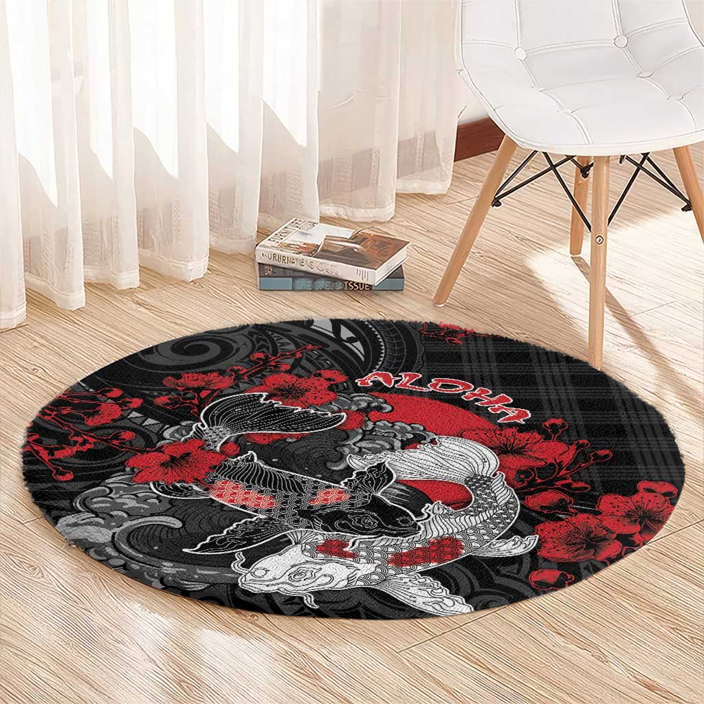 Hawaiian And Japanese Round Carpet Aloha Koi Fish Palaka Patterns - Polynesian Pride