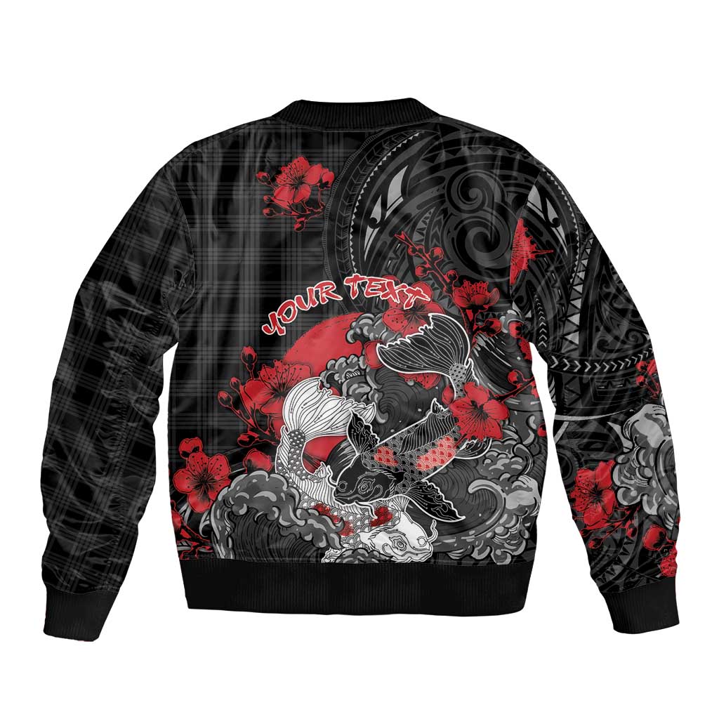 Personalised Hawaiian And Japanese Sleeve Zip Bomber Jacket Aloha Koi Fish Palaka Patterns - Polynesian Pride