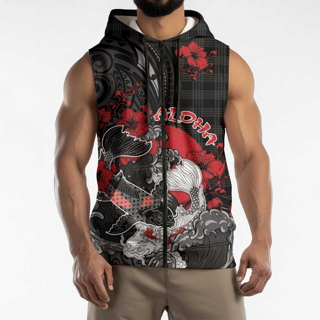 Personalised Hawaiian And Japanese Sleeveless Zip Hoodie Aloha Koi Fish Palaka Patterns - Polynesian Pride