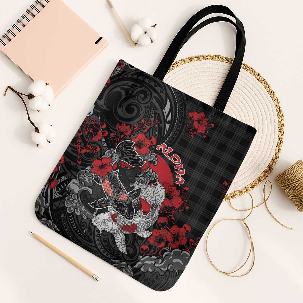 Hawaiian And Japanese Tote Bag Aloha Koi Fish Palaka Patterns - Polynesian Pride