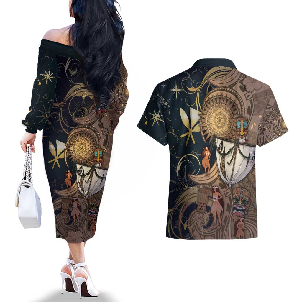 Hawaii Makahiki Couples Matching Off The Shoulder Long Sleeve Dress and Hawaiian Shirt Polynesian Sky And Earth - Polynesian Pride