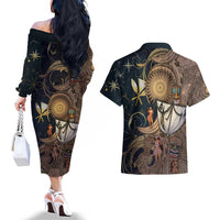 Hawaii Makahiki Couples Matching Off The Shoulder Long Sleeve Dress and Hawaiian Shirt Polynesian Sky And Earth - Polynesian Pride