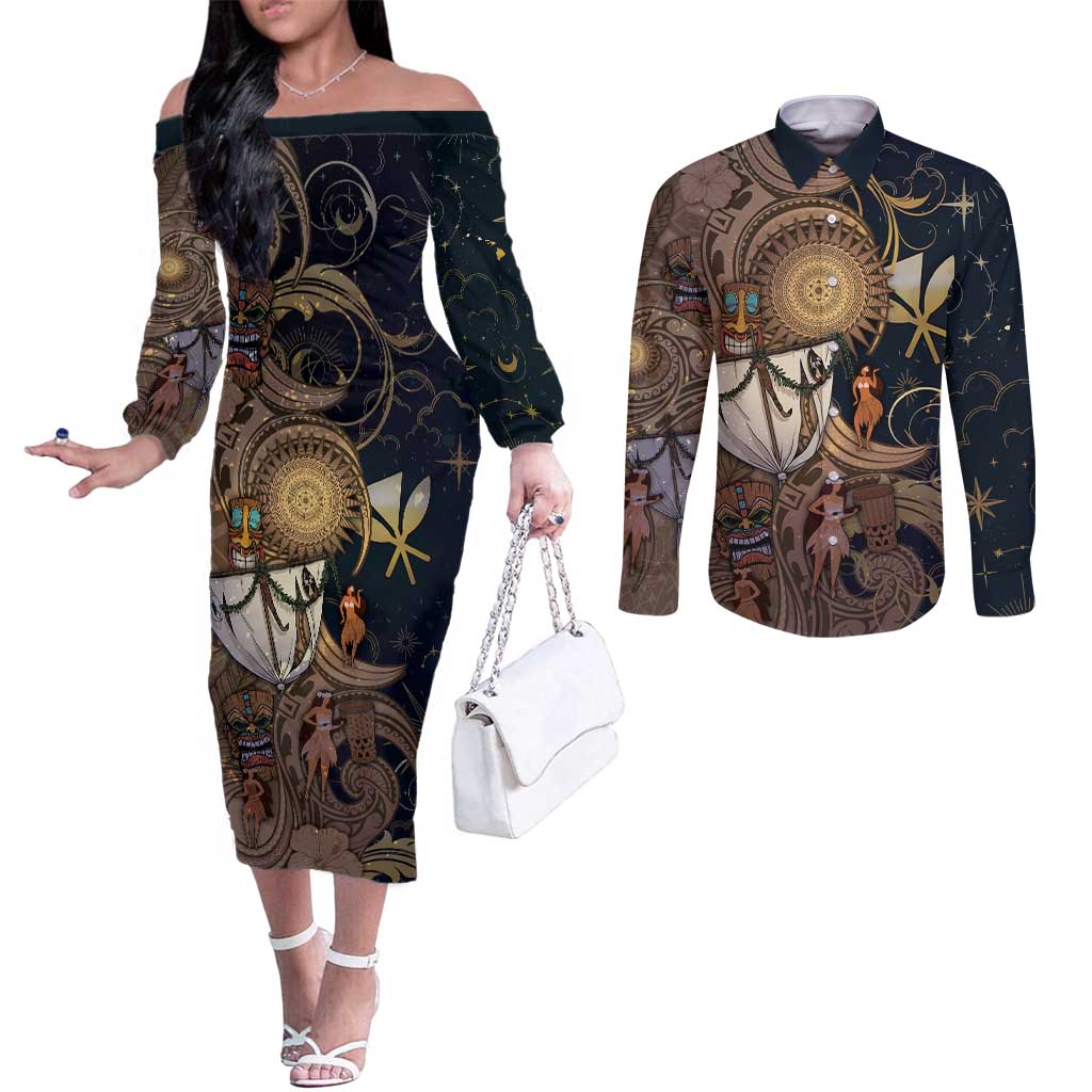 Hawaii Makahiki Couples Matching Off The Shoulder Long Sleeve Dress and Long Sleeve Button Shirt Polynesian Sky And Earth DT05 Gold - Polynesian Pride