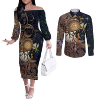 Hawaii Makahiki Couples Matching Off The Shoulder Long Sleeve Dress and Long Sleeve Button Shirt Polynesian Sky And Earth DT05 Gold - Polynesian Pride