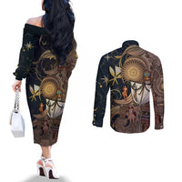 Hawaii Makahiki Couples Matching Off The Shoulder Long Sleeve Dress and Long Sleeve Button Shirt Polynesian Sky And Earth DT05 - Polynesian Pride