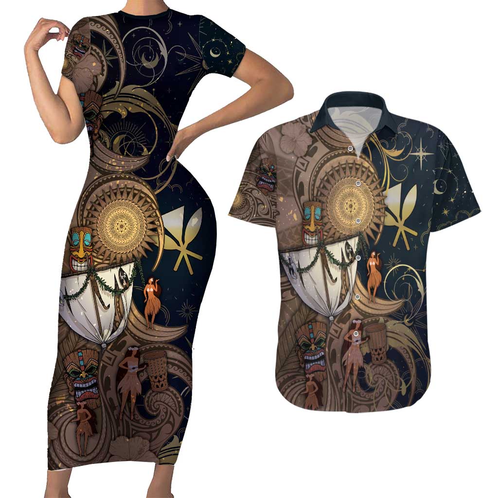 Hawaii Makahiki Couples Matching Short Sleeve Bodycon Dress and Hawaiian Shirt Polynesian Sky And Earth DT05 Gold - Polynesian Pride