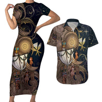 Hawaii Makahiki Couples Matching Short Sleeve Bodycon Dress and Hawaiian Shirt Polynesian Sky And Earth DT05 Gold - Polynesian Pride