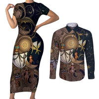 Hawaii Makahiki Couples Matching Short Sleeve Bodycon Dress and Long Sleeve Button Shirt Polynesian Sky And Earth DT05 Gold - Polynesian Pride
